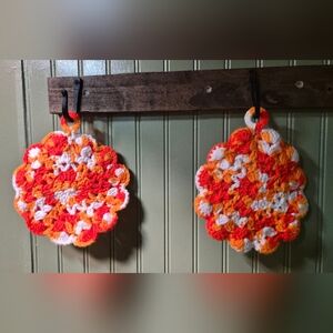Vibrant Orange and White Crochet Pot Holders